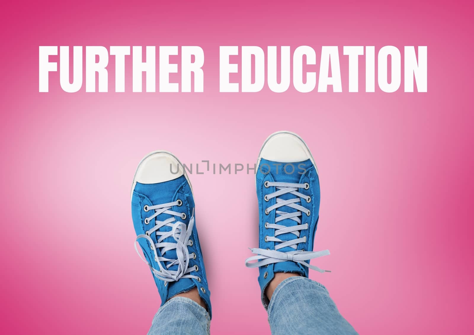 Digital composite of Further Education text and Blue shoes on feet with red background