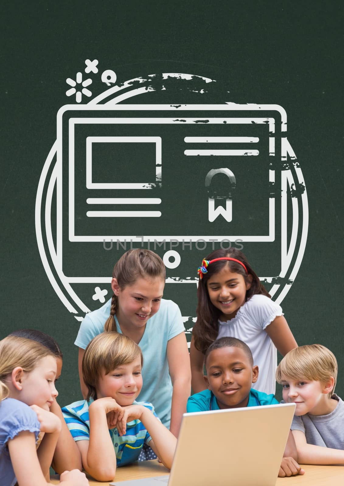 Digital composite of Students at table looking at a computer against green blackboard with school and education graphic