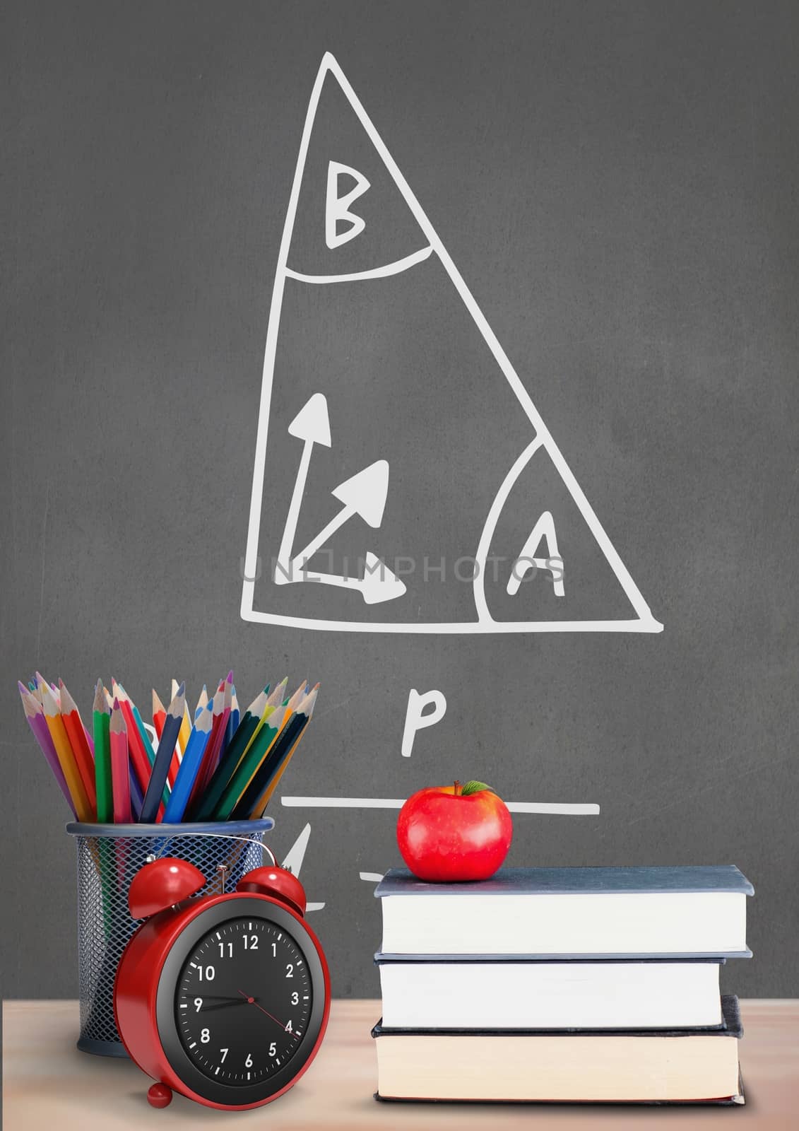 Digital composite of Books on the table against grey blackboard with education and school graphics