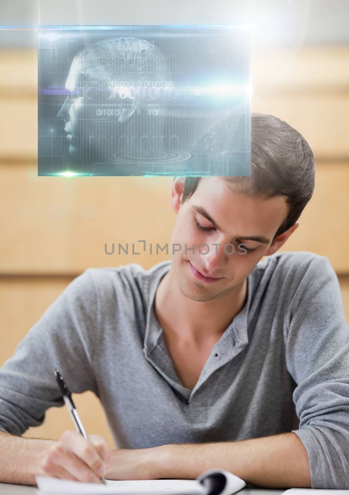 Male Student studying with notes and science education interface graphics overlay by Wavebreakmedia