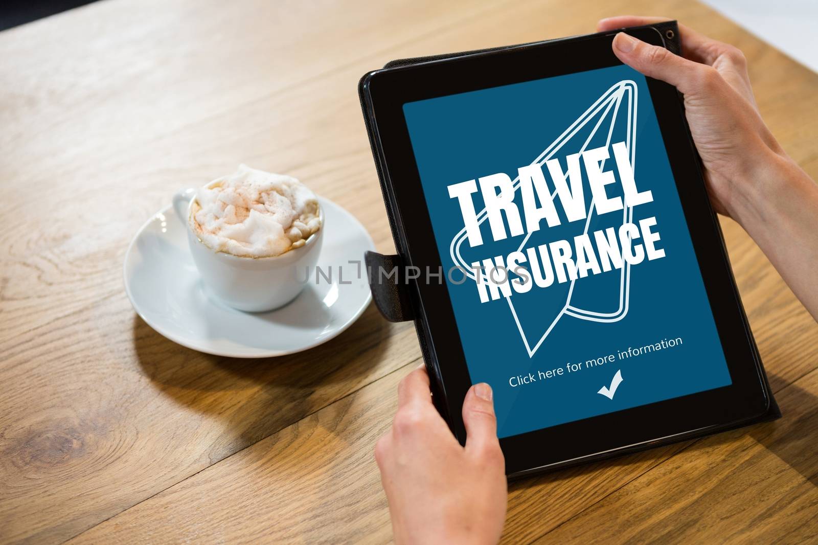 Digital composite of Person using a tablet with travel insurance concept on screen