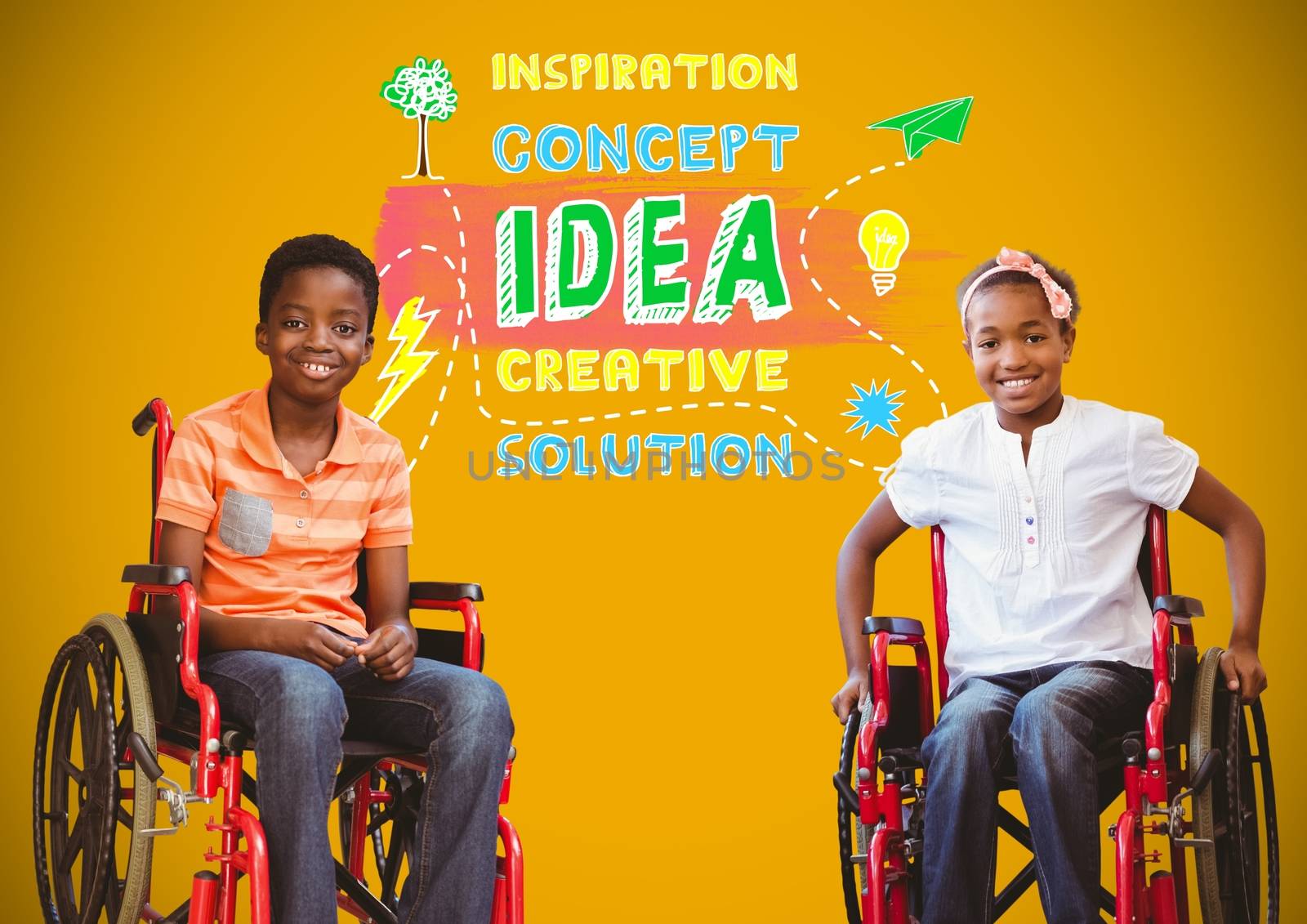 Disabled boys in wheelchairs with colorful idea concept graphics by Wavebreakmedia