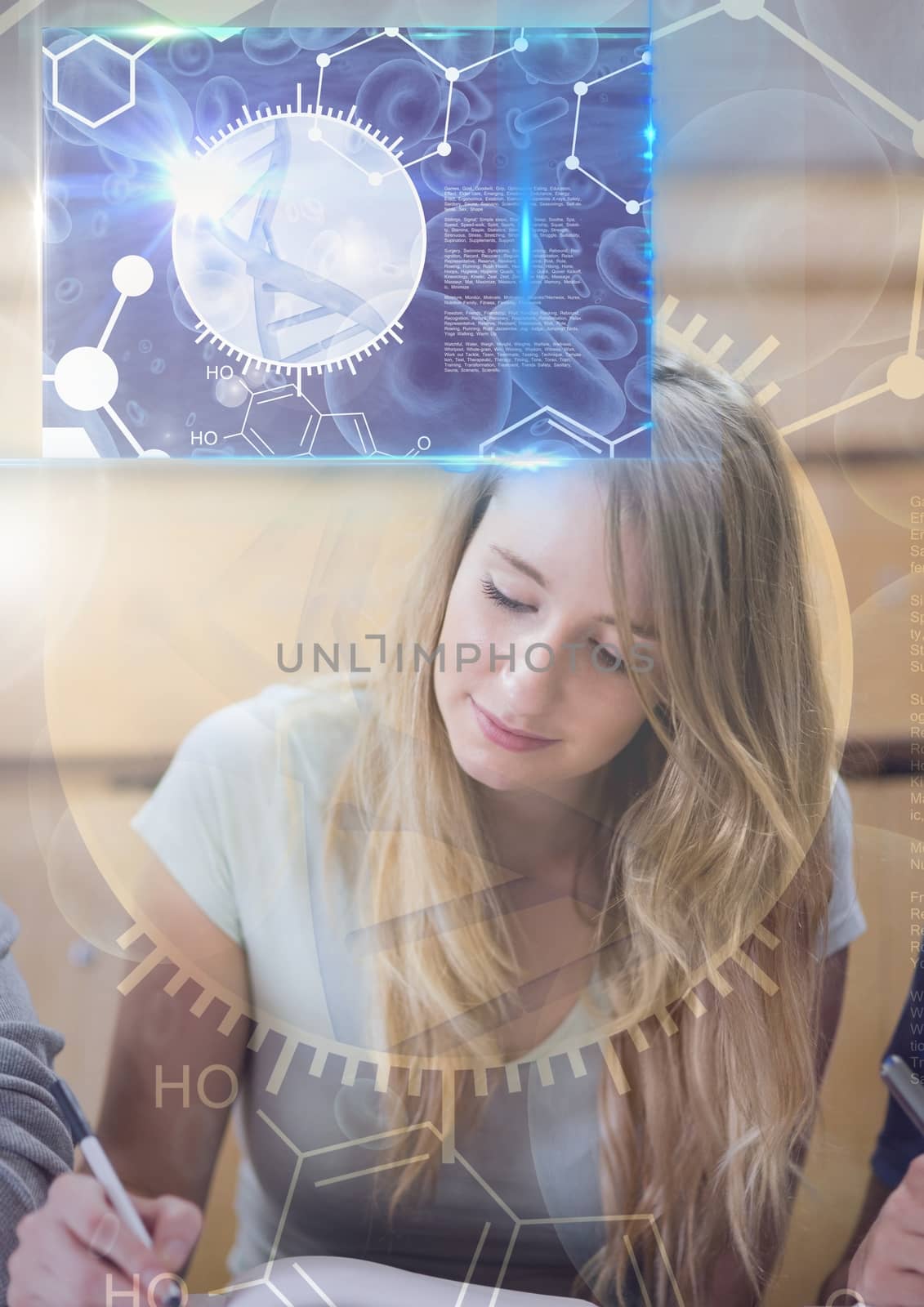 Digital composite of Female Student studying with notes and science education interface graphics overlay