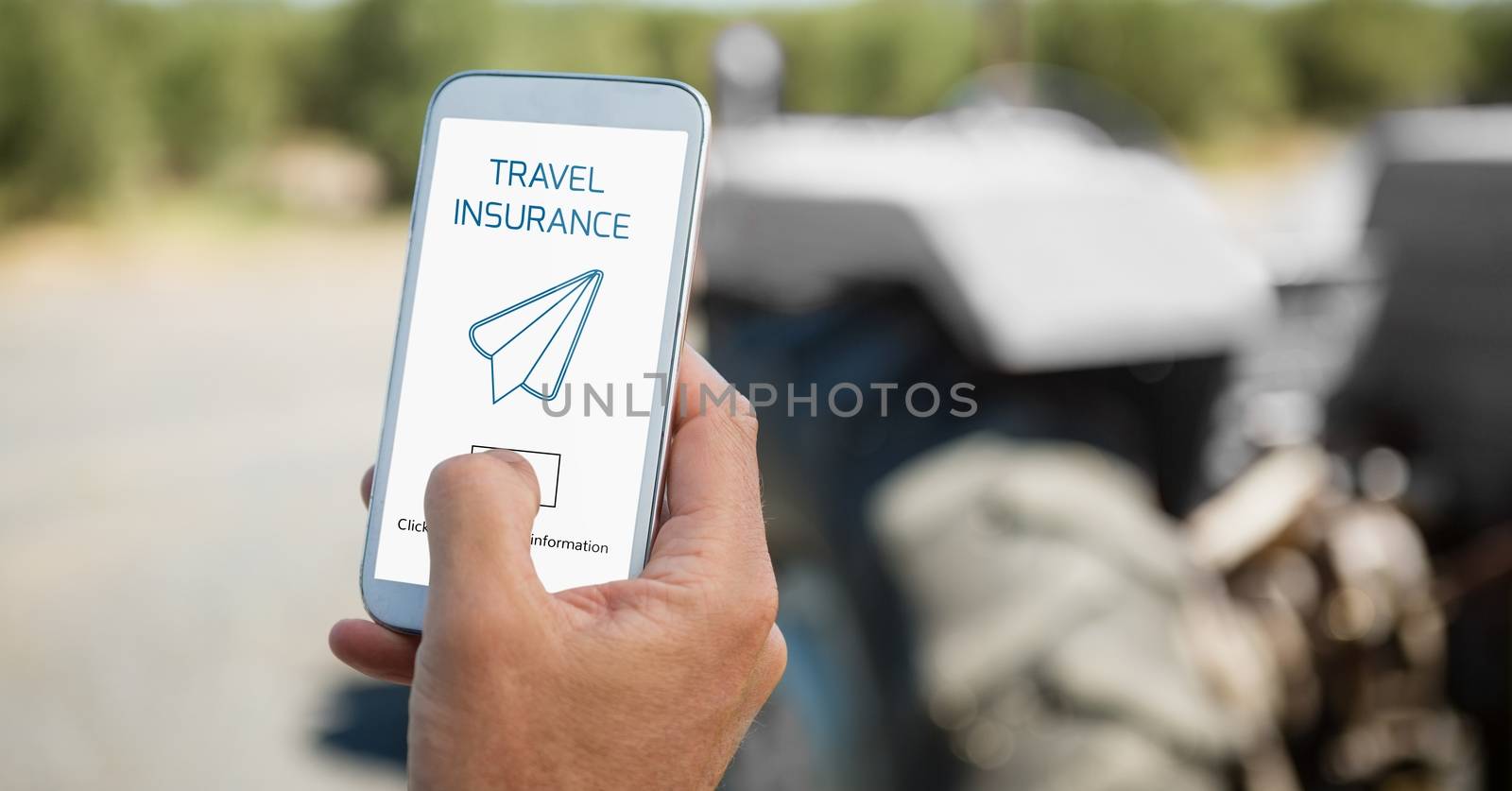 Digital composite of Person holding a phone with travel insurance concept on screen