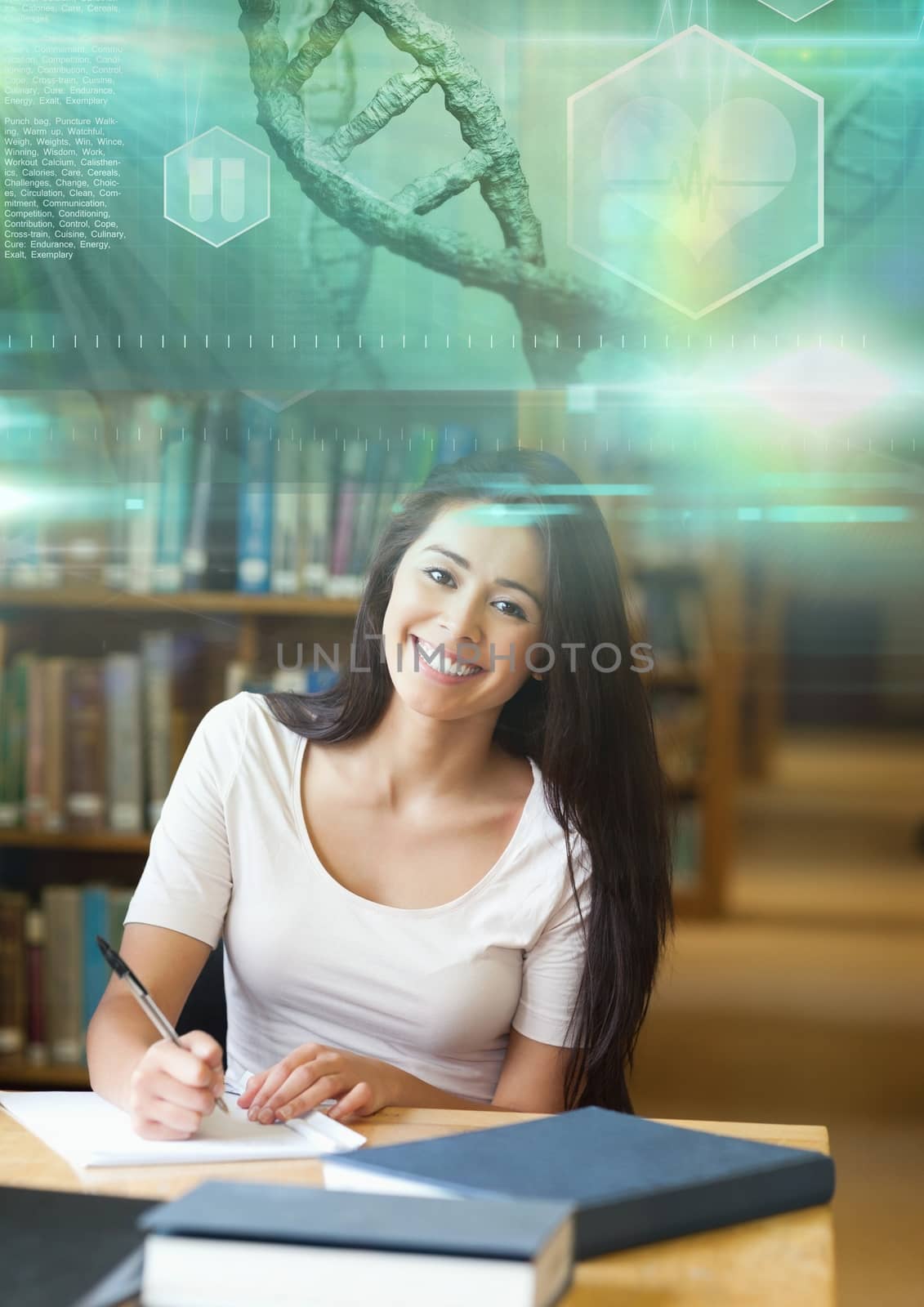Female Student studying with notes and science education interface graphics overlay by Wavebreakmedia