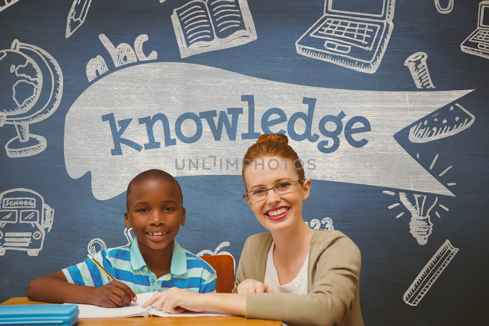 Digital composite of Happy student boy and teacher at table against blue blackboard with knowledge text and education and