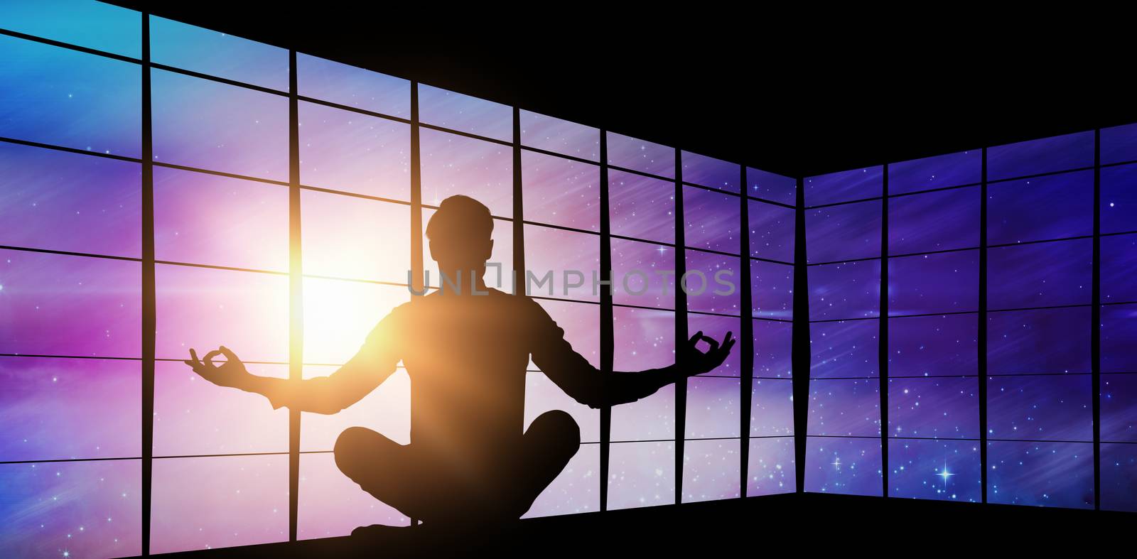  Zen businessman meditating in yoga pose against view of empty space Zen businessman meditating in yoga pose on white background