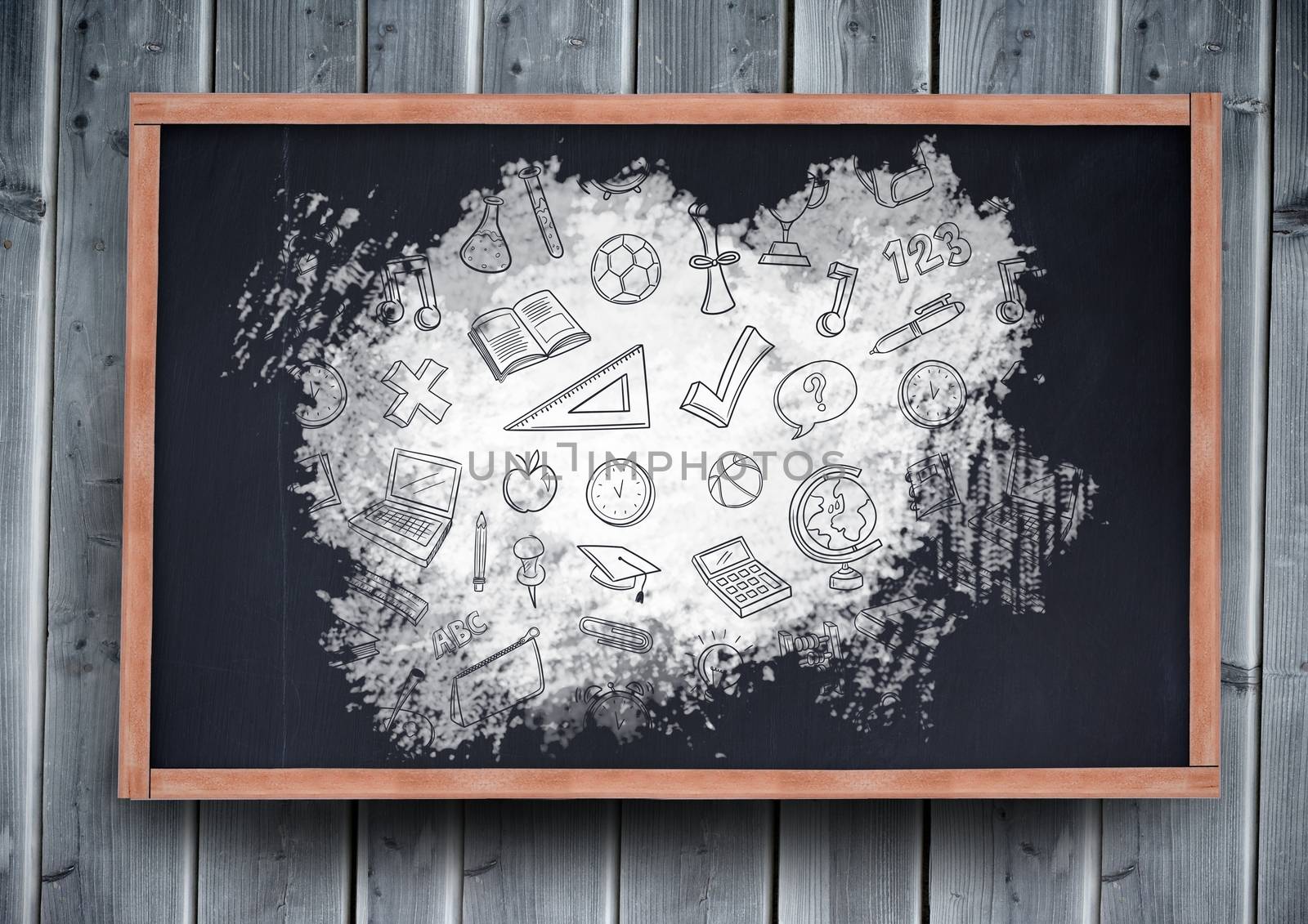 Digital composite of education graphics icons on blackboard