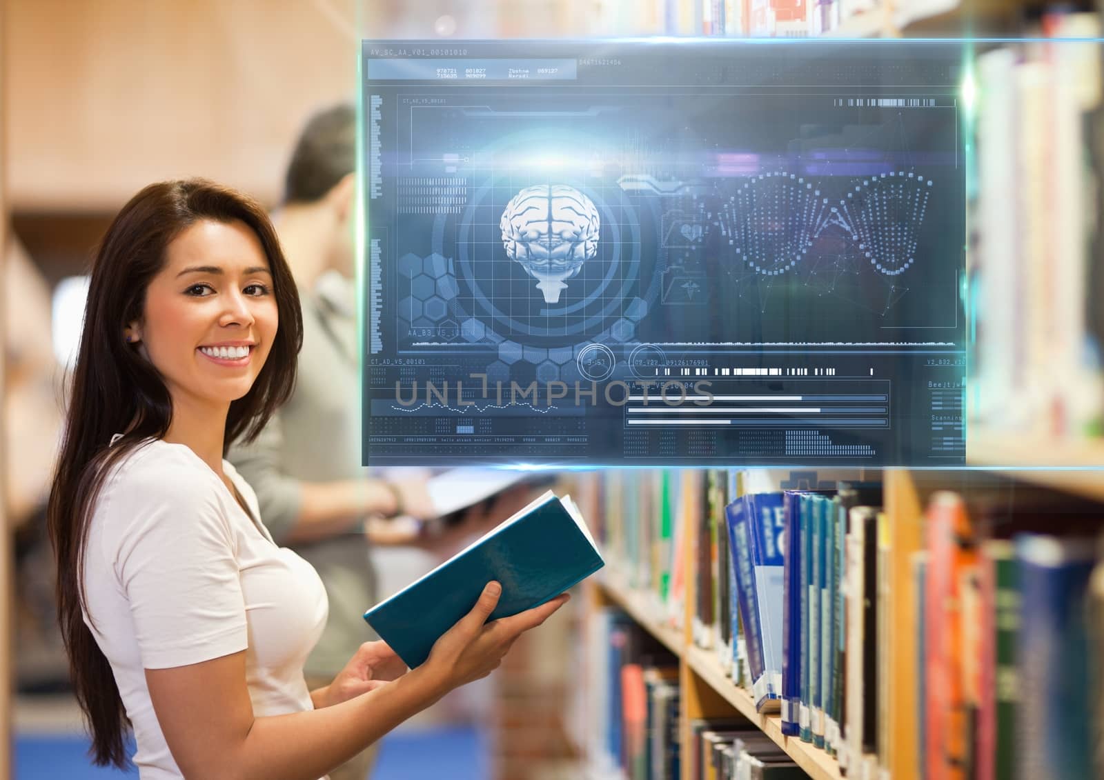 Female Student studying with book and science education interface graphics overlay by Wavebreakmedia