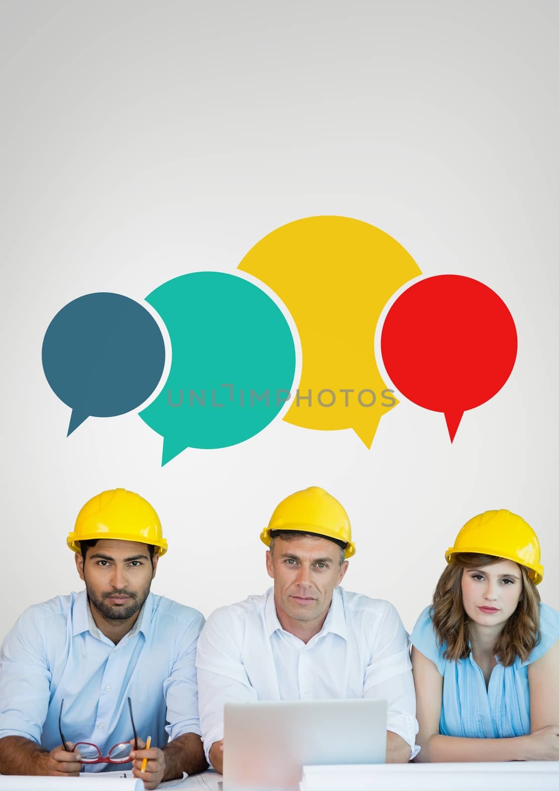 Digital composite of Construction people at a table with speech bubbles against grey background