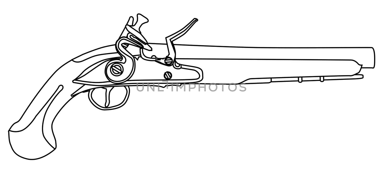 An of old style flintlock dueling pistol isolated on white.