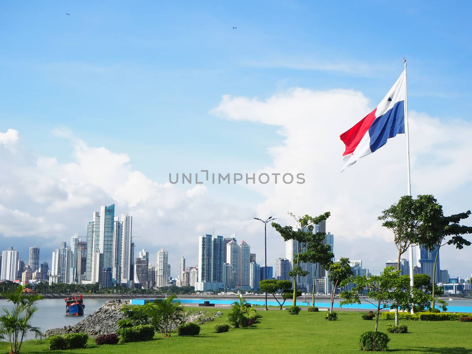 Panama City / Panama - September 1 2019: City skyline with green grass and flag flying. Blue sky and white clouds.