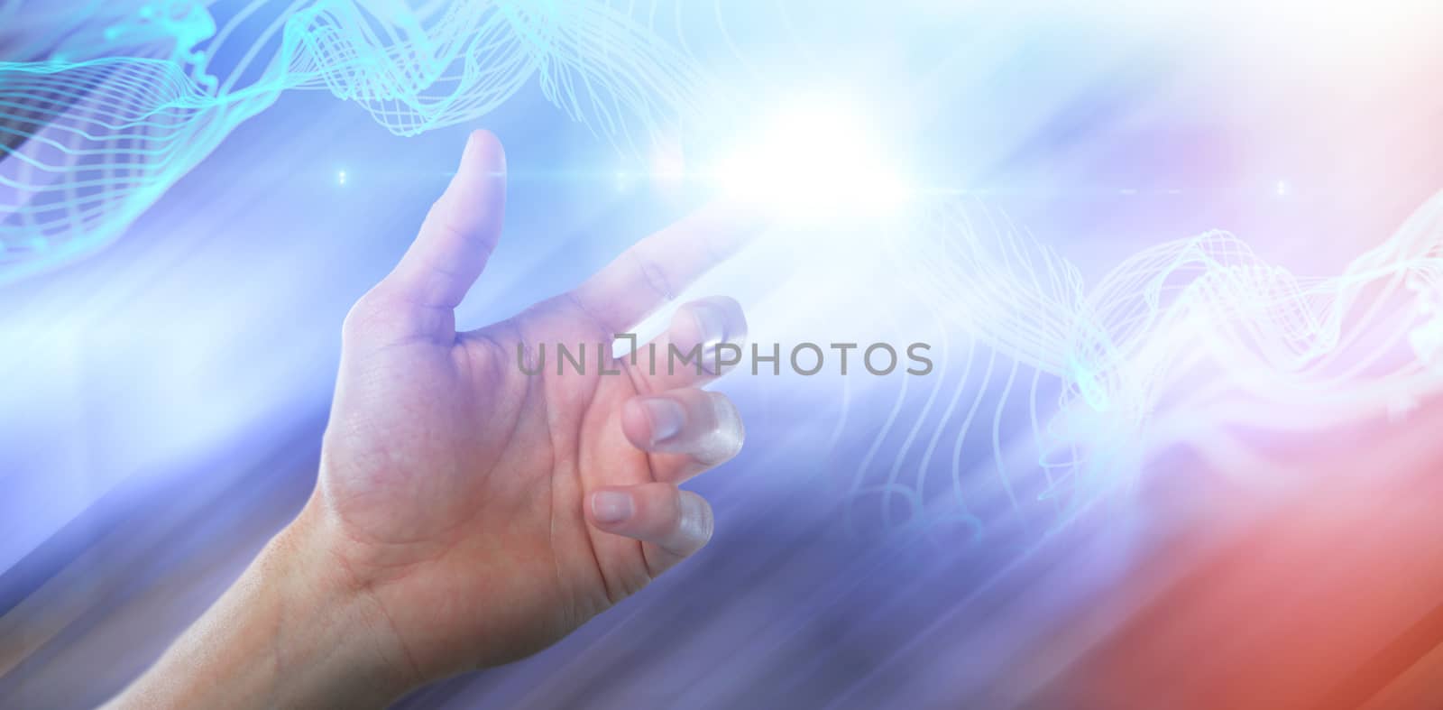 Hand of man pretending to touch an invisible screen against abstract glowing black background