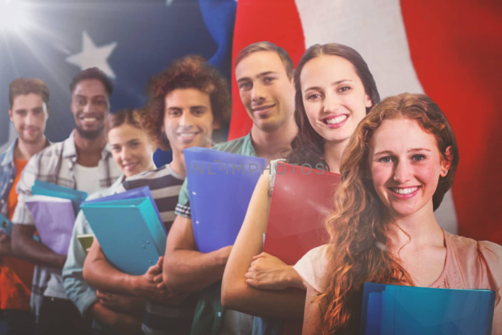 Fashion students smiling at camera together against crumbled american flag 