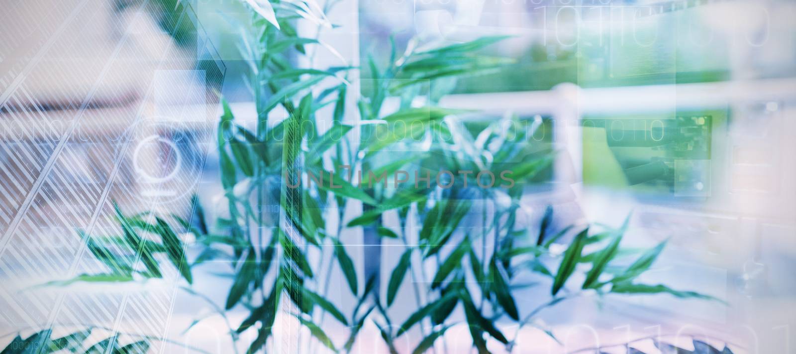 Composite image of blue technology design with binary code against close-up of plant