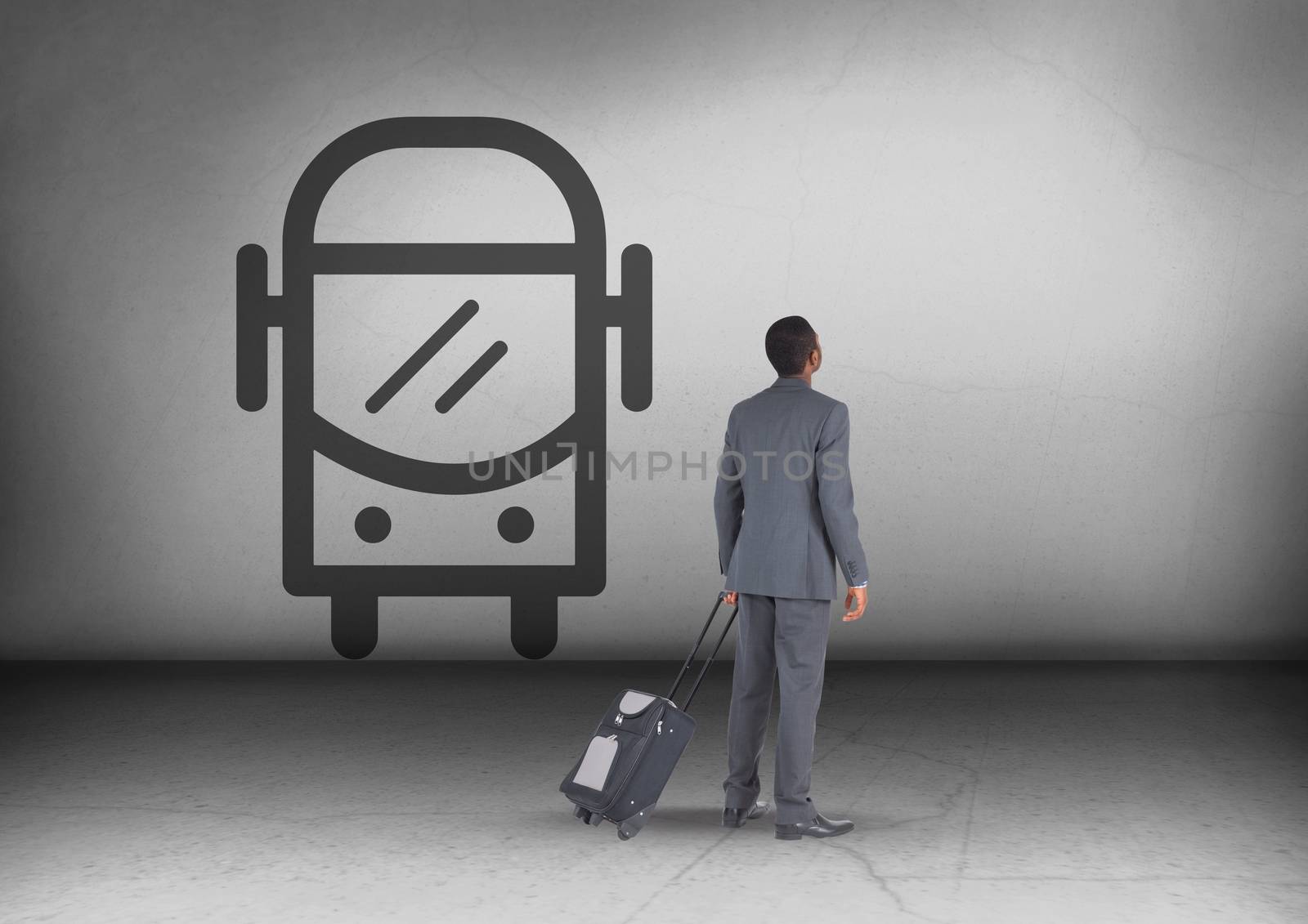 Businessman with travel bag looking up with bus icon by Wavebreakmedia