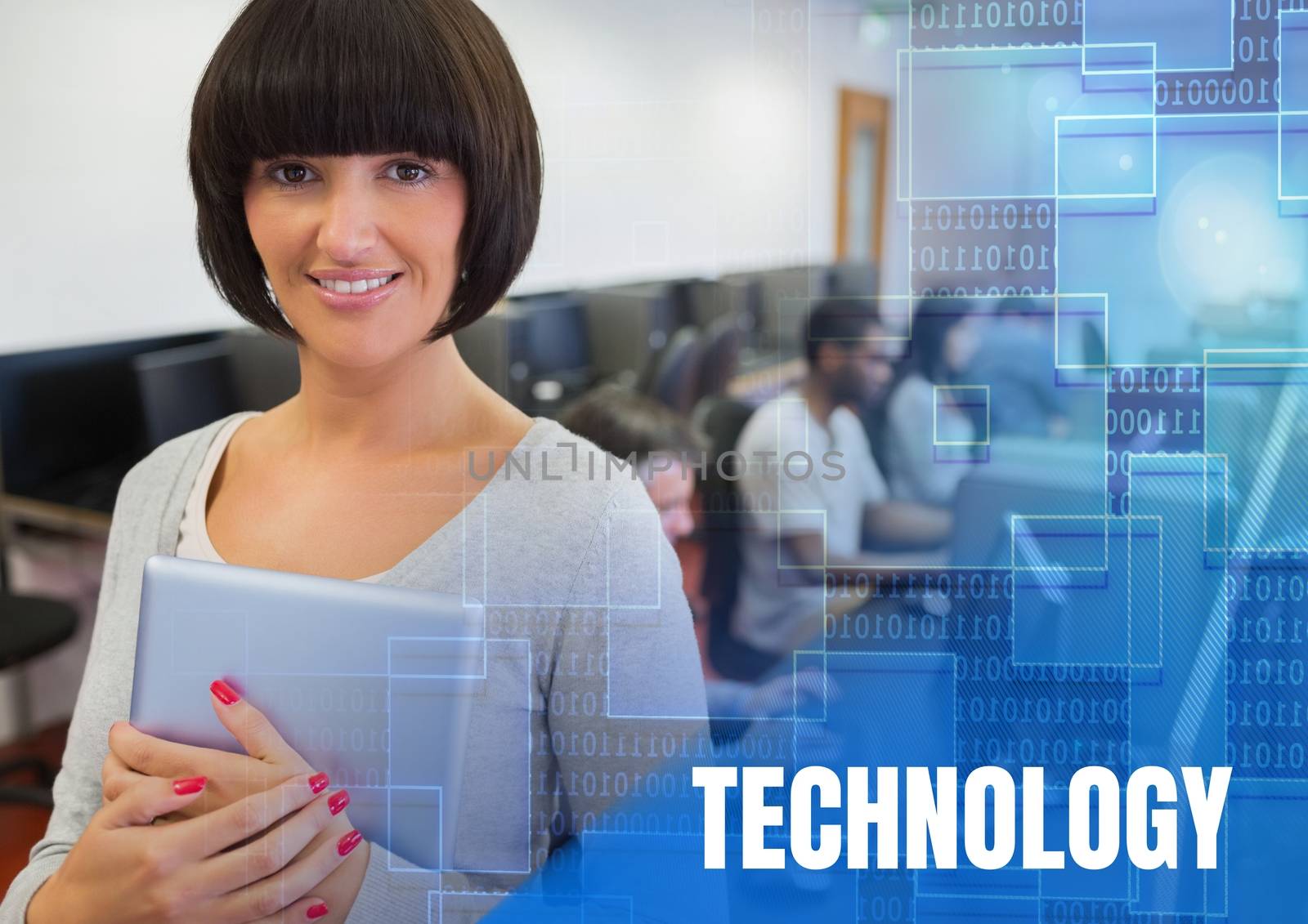 Digital composite of Technology text and University teacher with class in computer room