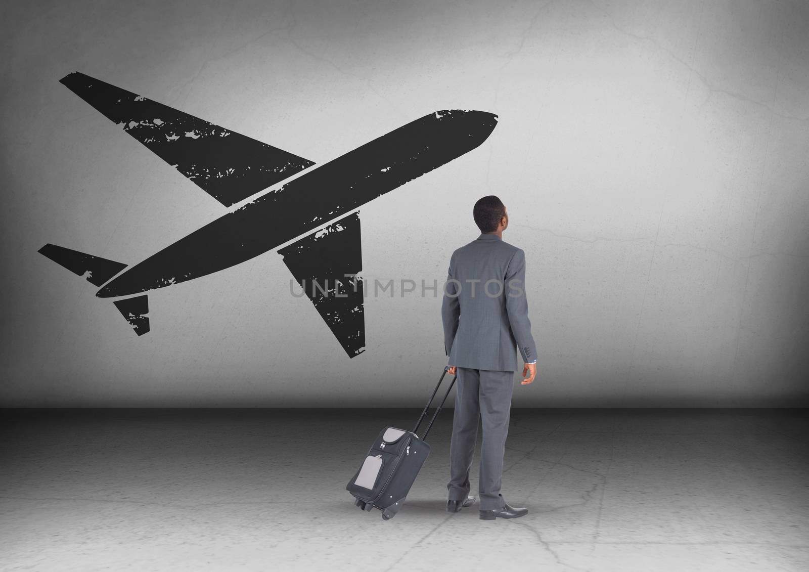 Digital composite of Businessman with travel bag looking up with plane icon