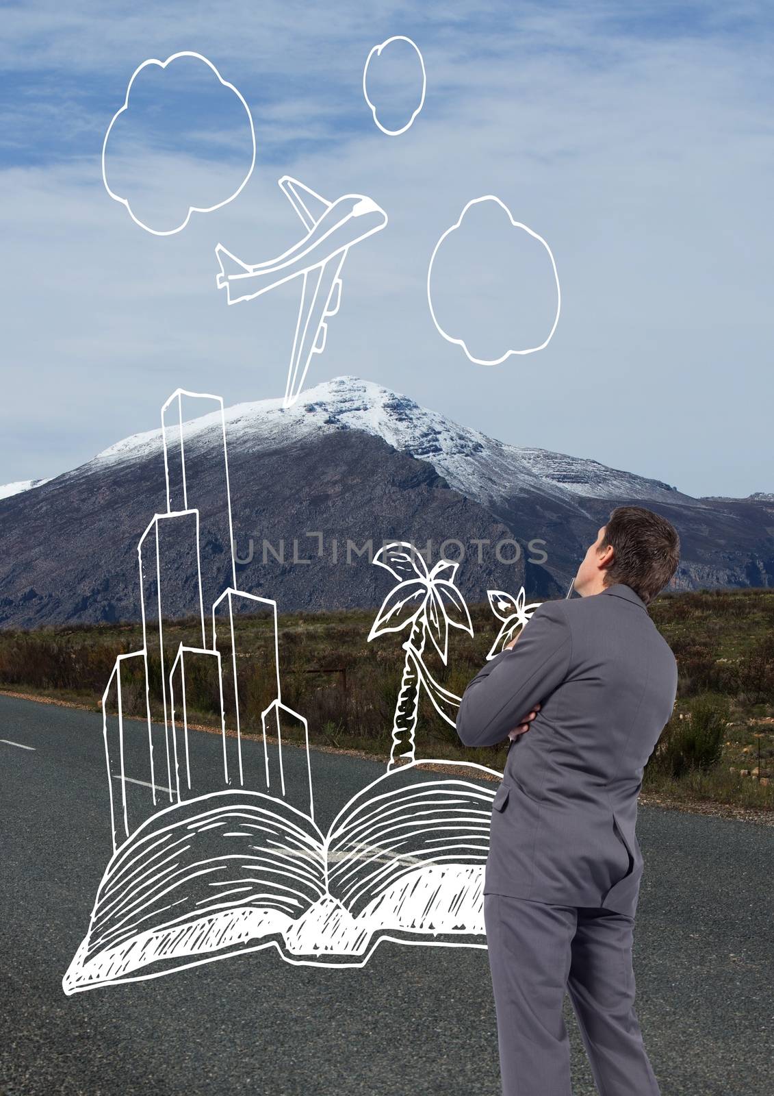 Digital composite of Business man drawing travel icons on the road