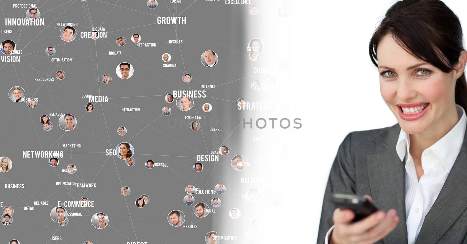 Woman holding phone with Profile portraits of people contacts by Wavebreakmedia