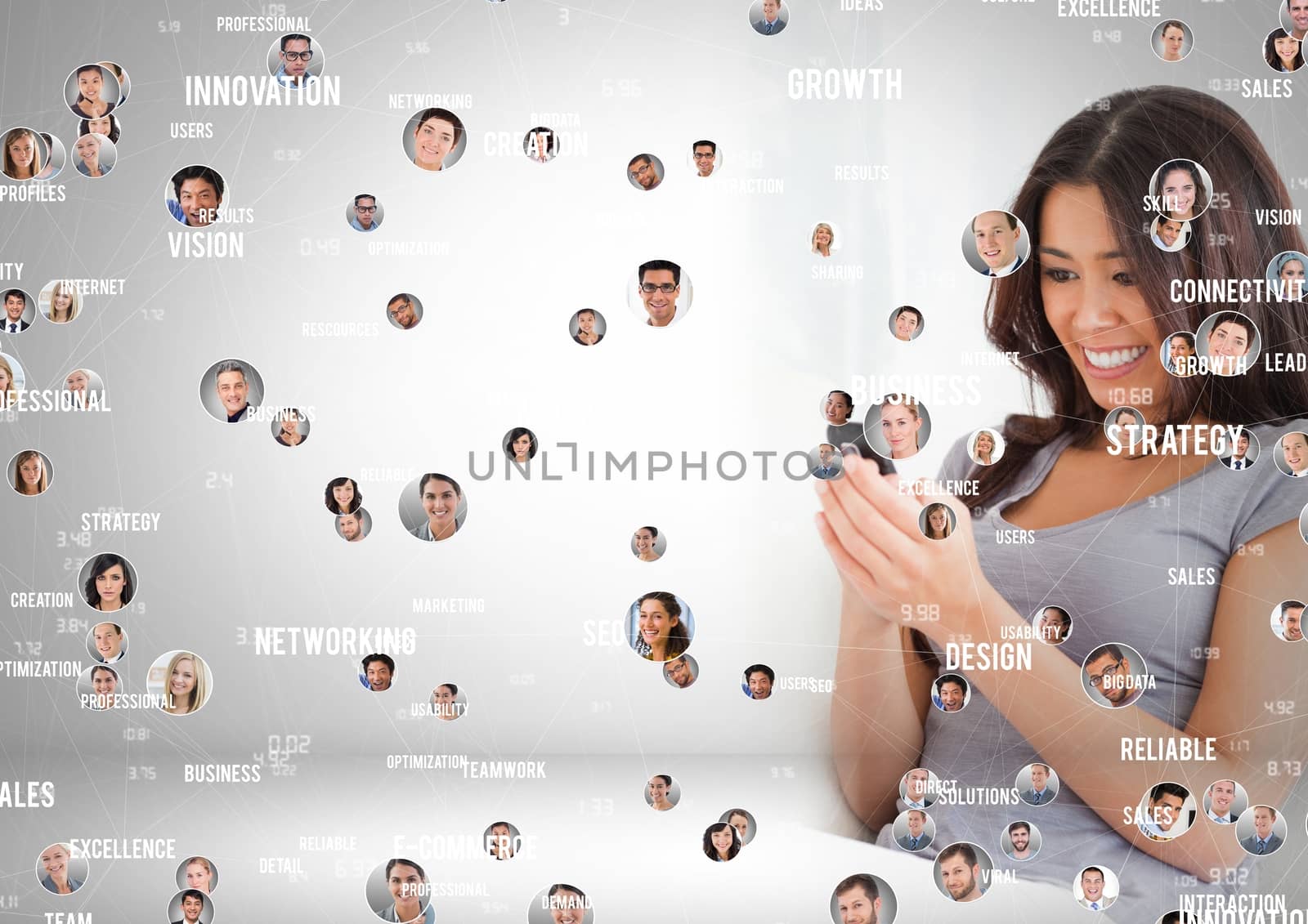 Woman holding phone with Profile portraits of people contacts by Wavebreakmedia