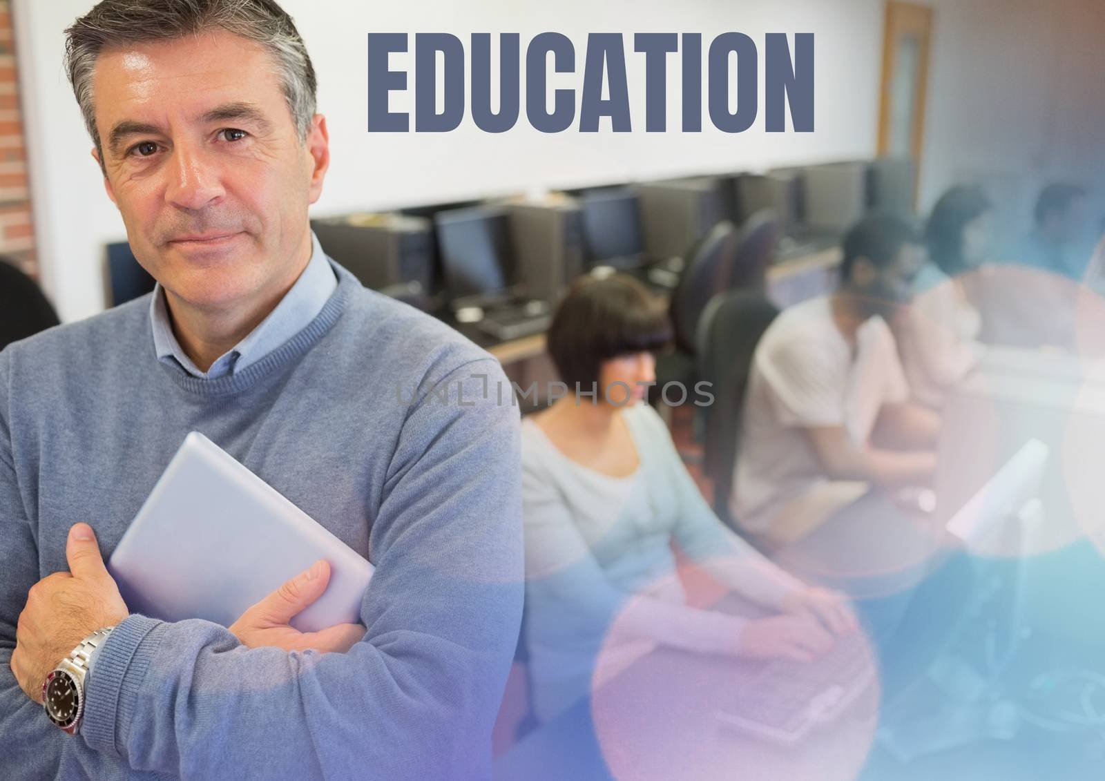 Education text and University teacher with class by Wavebreakmedia