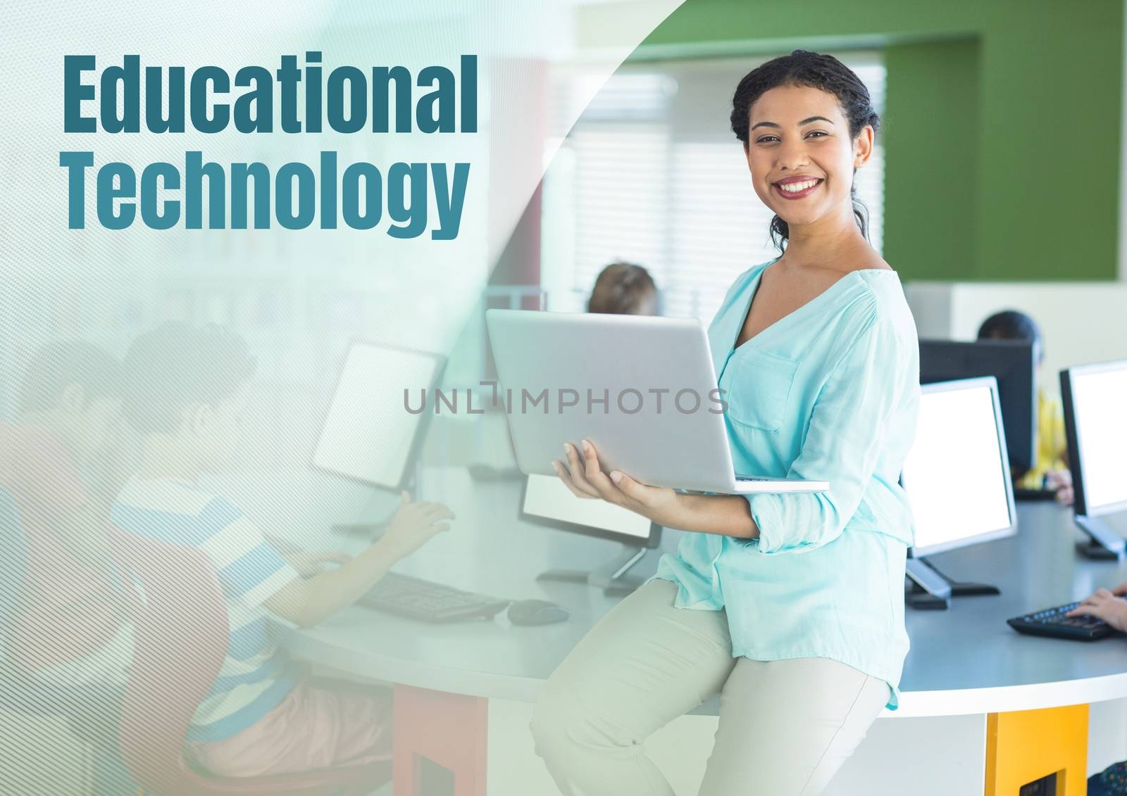 Educational technology text and Teacher with class in computer room by Wavebreakmedia