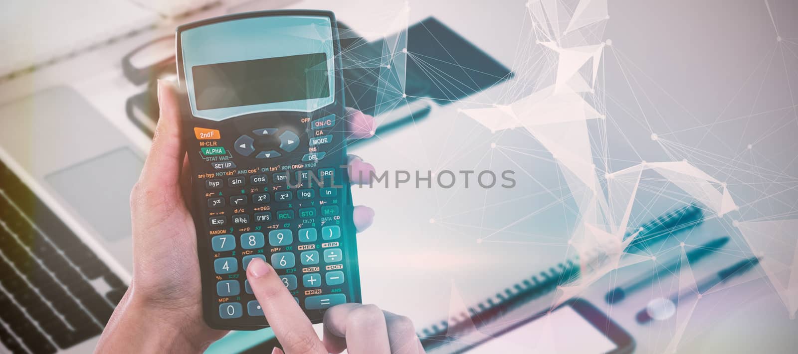 Hands of businesswoman using calculator against digitally generated image of abstract pattern on screen