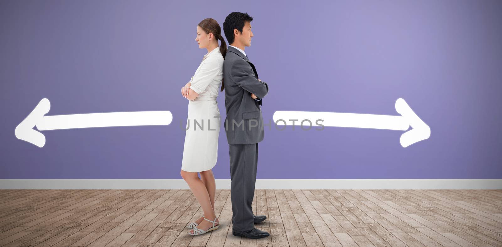 Composite image of portrait of serious business people standing back-to-back by Wavebreakmedia