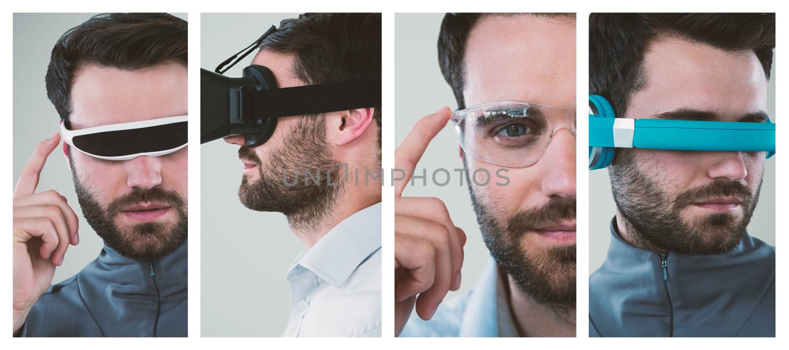 Man using virtual reality glasses against white background