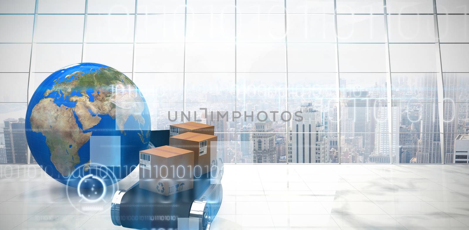 Composite image of 3d image of earth planet by boxes on production line by Wavebreakmedia