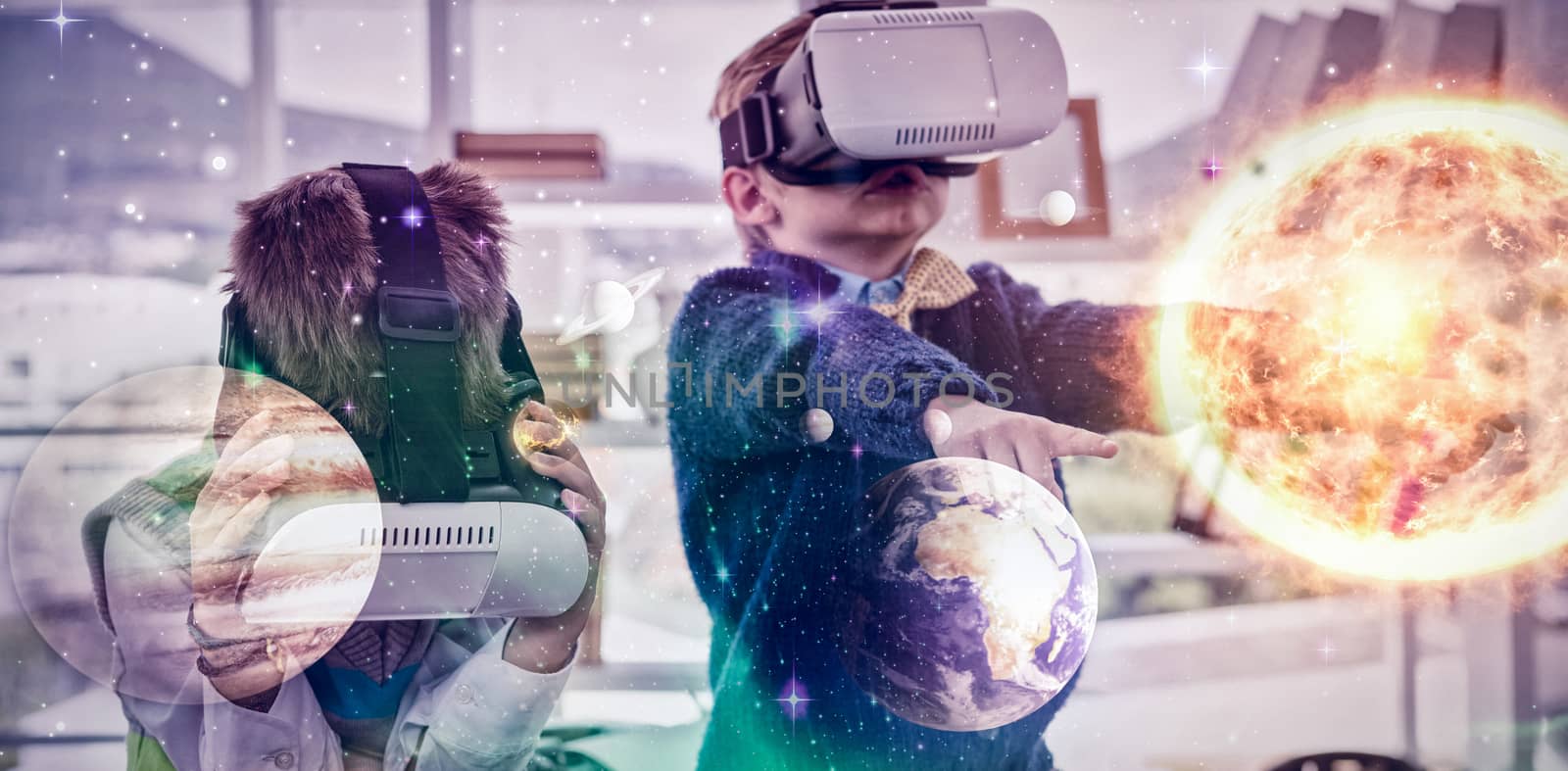 Composite image of solar system against white background against business people using virtual reality headsets