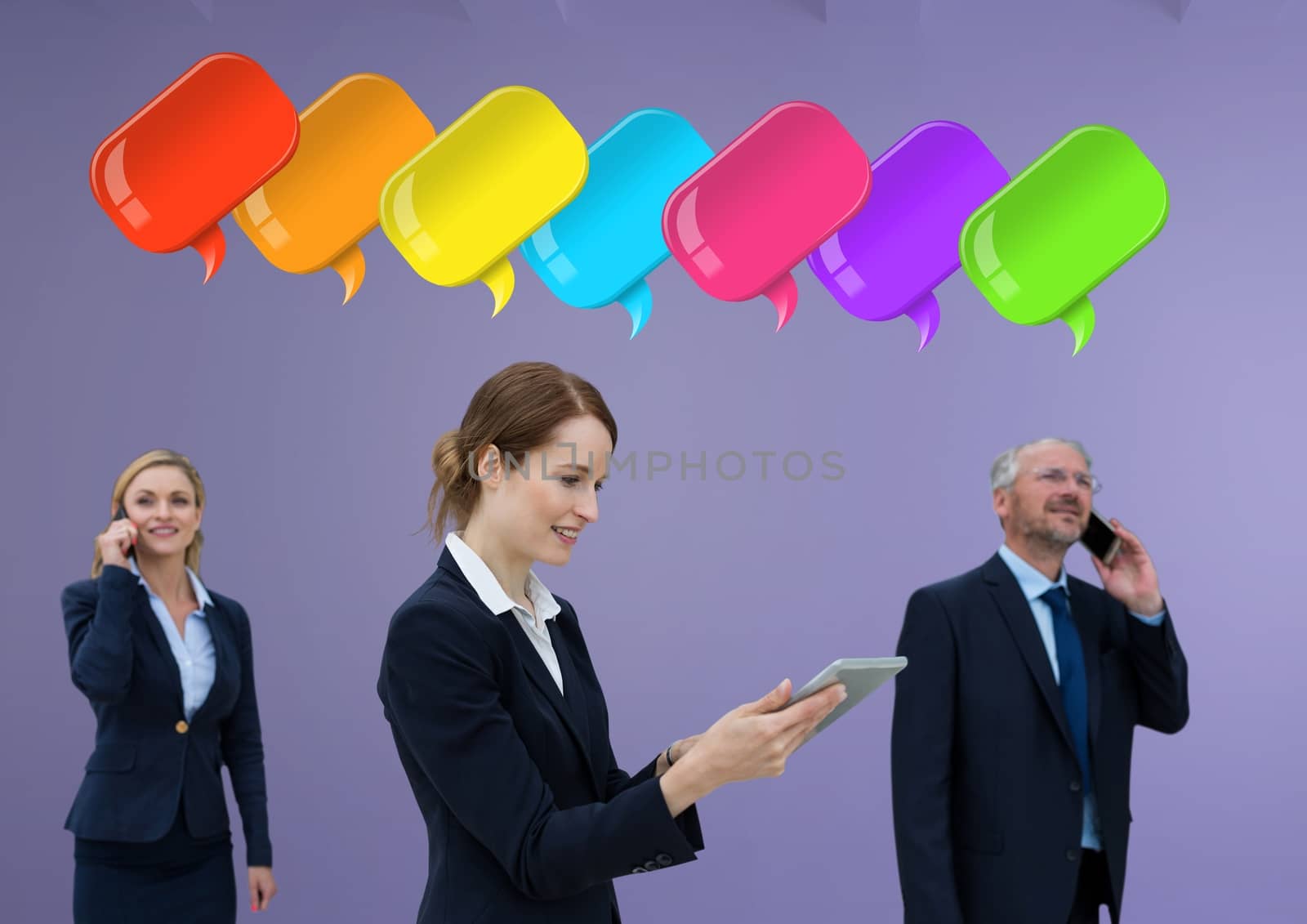 Business people on phone with shiny chat bubbles by Wavebreakmedia