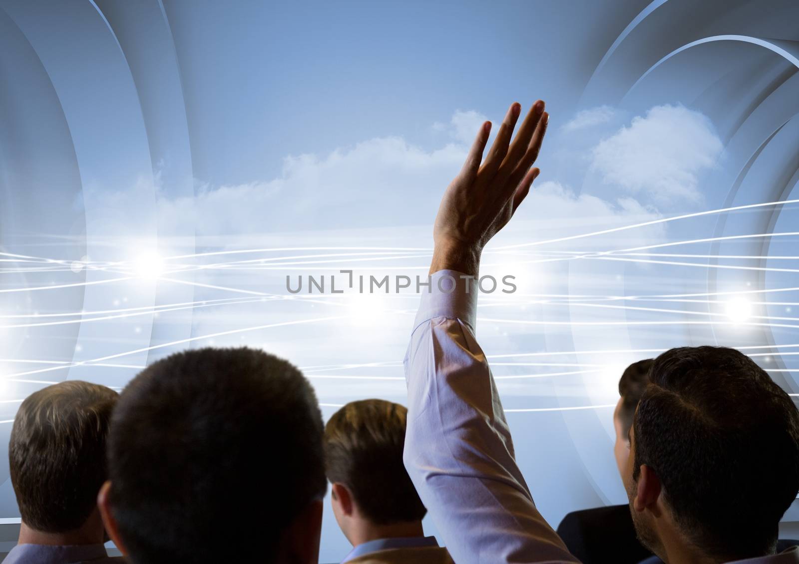 Business people at conference with futuristic shapes by Wavebreakmedia