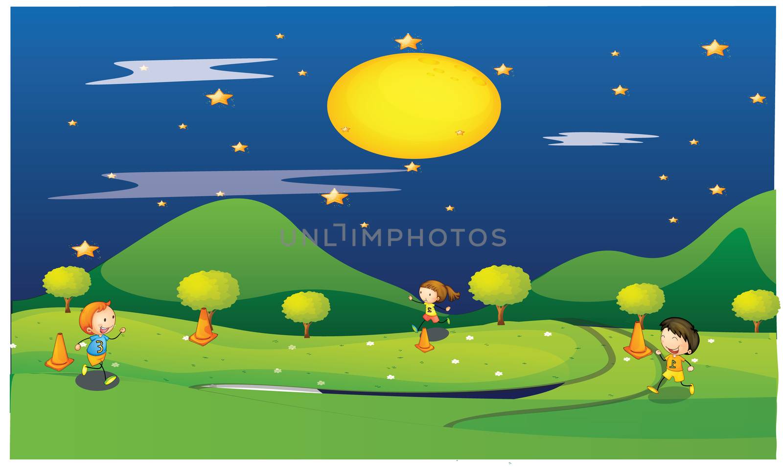 kids are playing in the garden in night sky