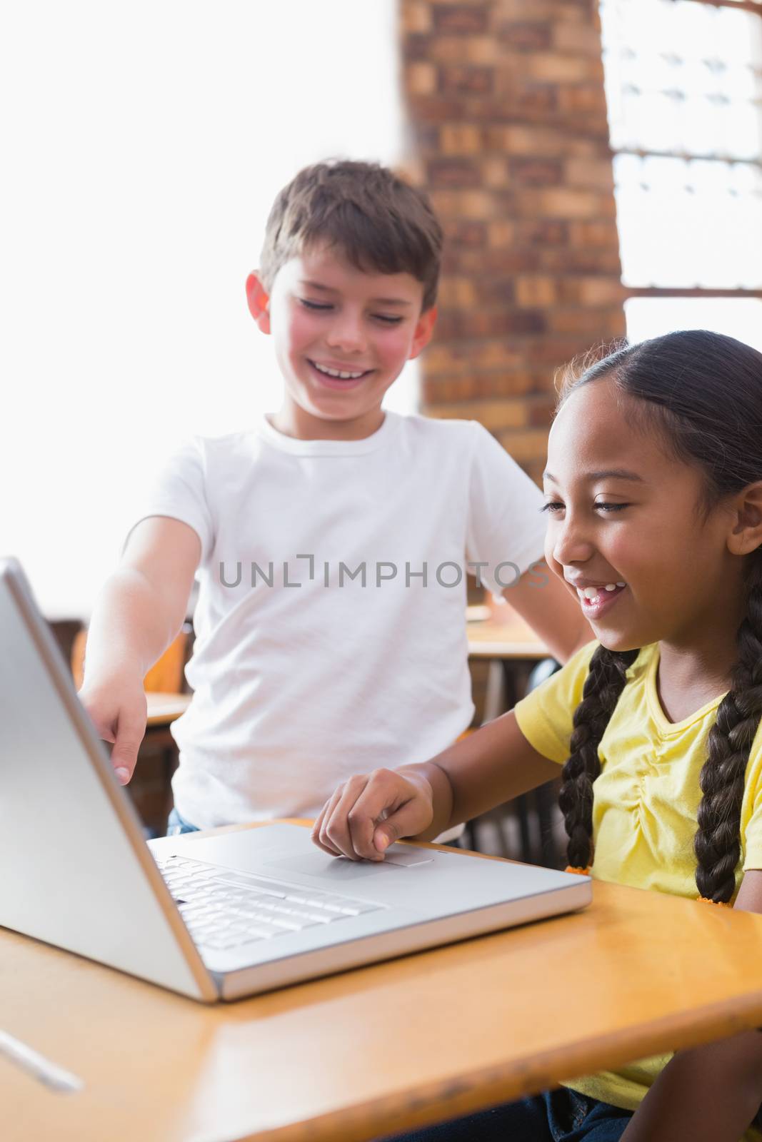 Cute little pupils looking at laptop in classroom at the elementary school