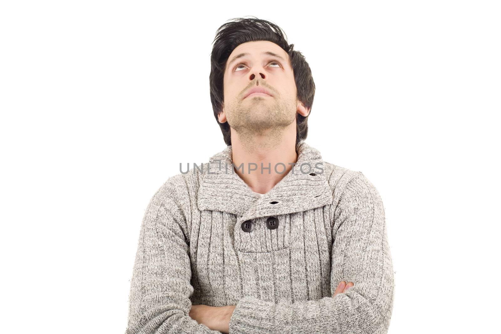 young casual man thinking, isolated on white background