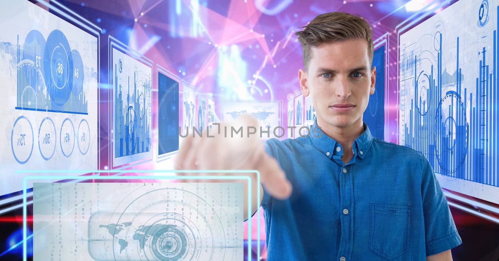 Digital composite of man touching and interacting with technology interface panels