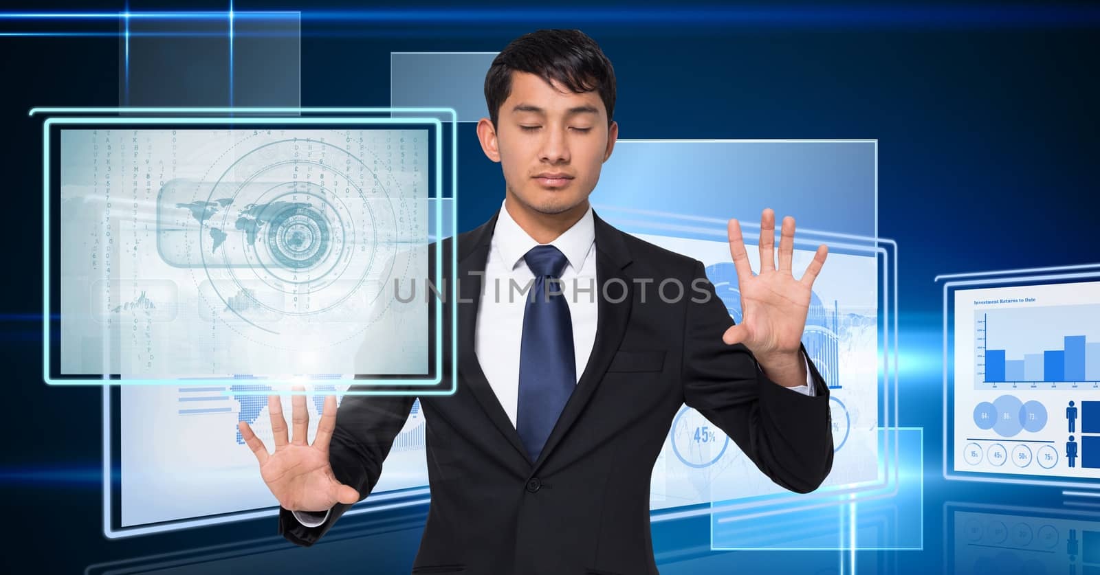 Businessman touching and interacting with technology interface panels by Wavebreakmedia