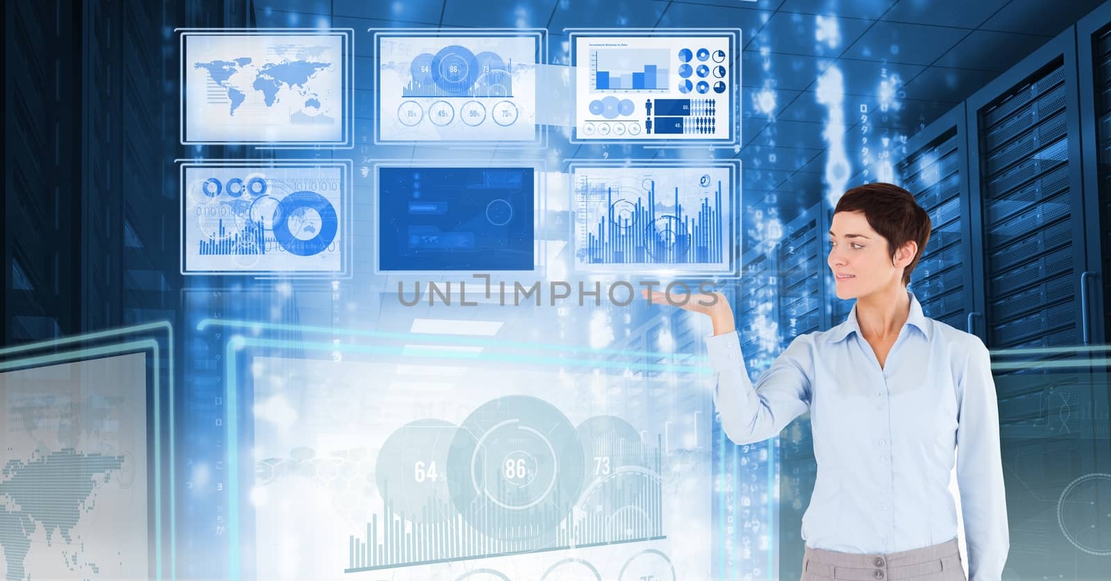 Digital composite of Businesswoman touching and interacting with technology interface panels