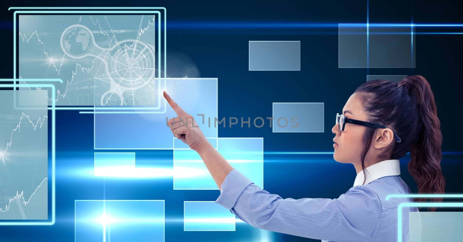 Digital composite of Businesswoman touching and interacting with technology interface panels