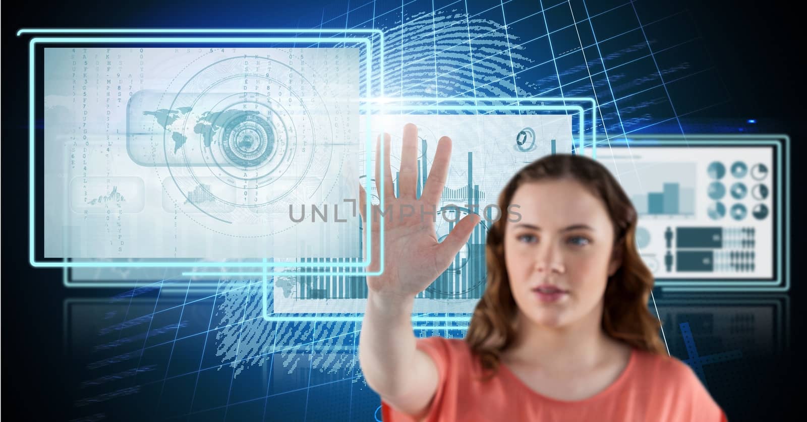 woman touching and interacting with technology interface panels by Wavebreakmedia