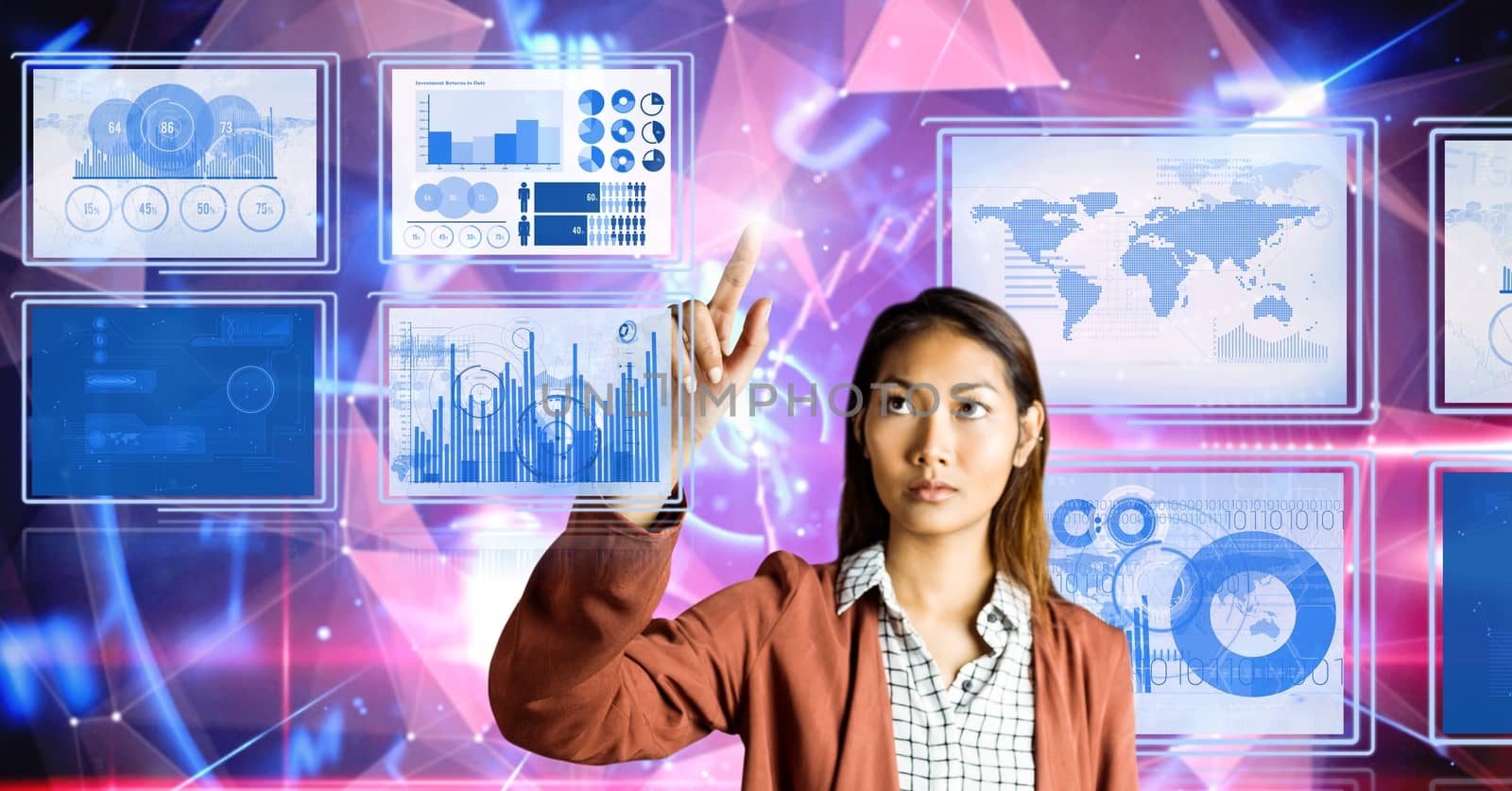 Digital composite of Businesswoman touching and interacting with technology interface panels