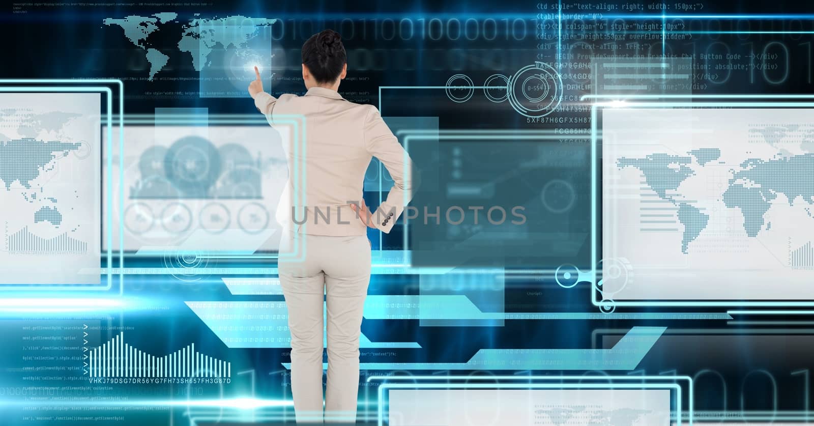 Digital composite of Businesswoman touching and interacting with technology interface panels