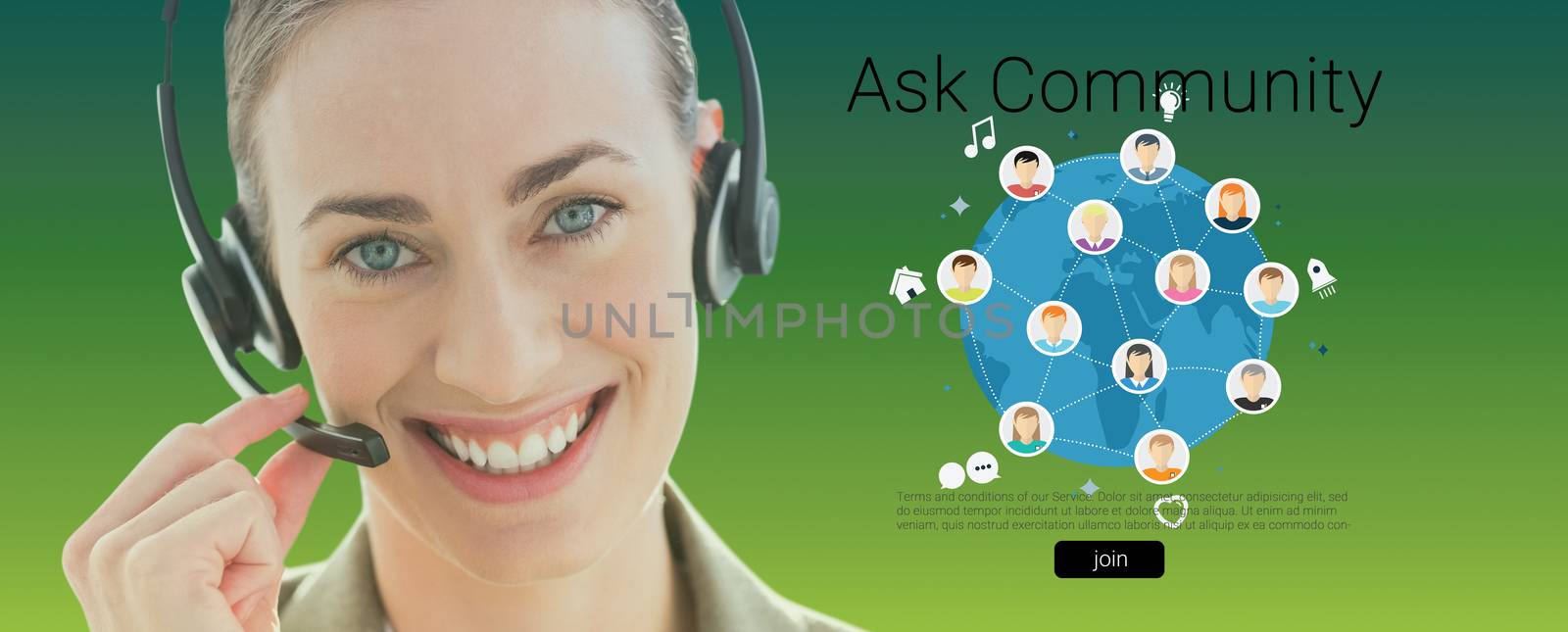 Smiling businesswoman with headset looking at camera  against green abstract background