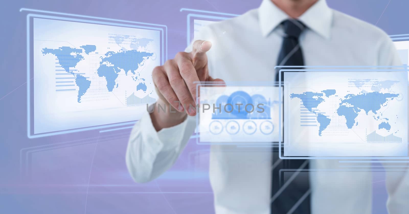 Digital composite of Businessman touching and interacting with technology interface panels