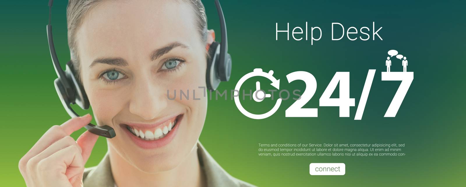 Smiling businesswoman with headset looking at camera  against green abstract background