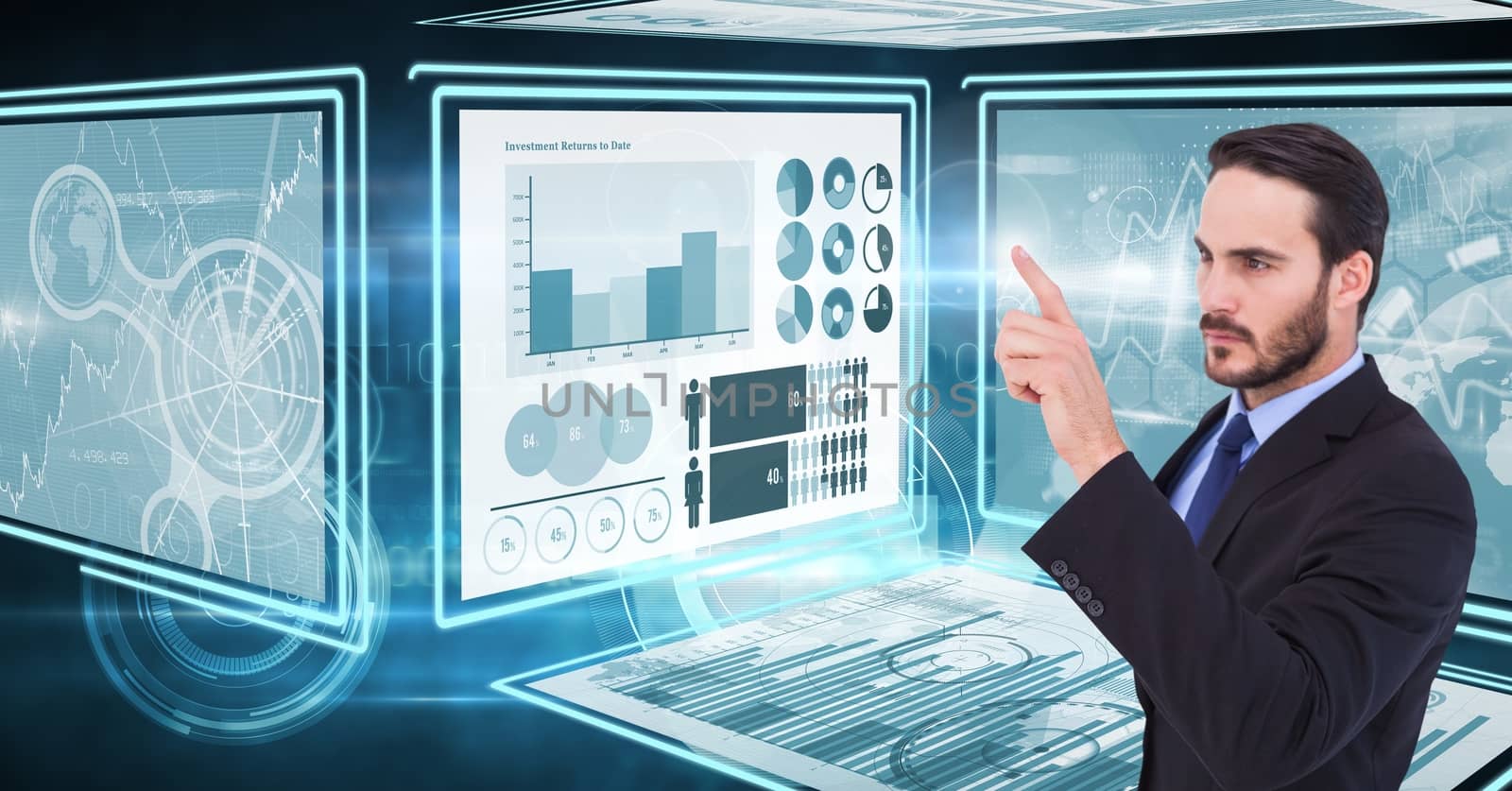 Digital composite of Businessman touching and interacting with technology interface panels