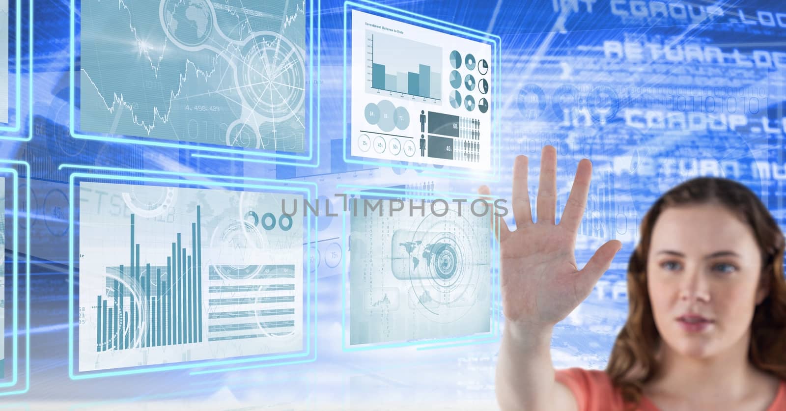 Digital composite of woman touching and interacting with technology interface panels
