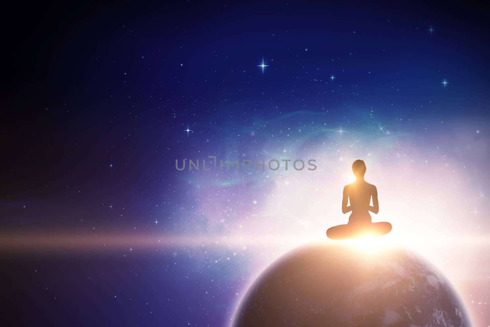 Silhouette athlete practicing yoga against digitally composite image of colorful lights 